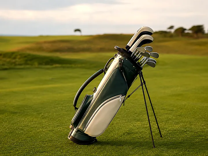 A green and cream stand bag holding a full set of irons and woods on a links fairway.
