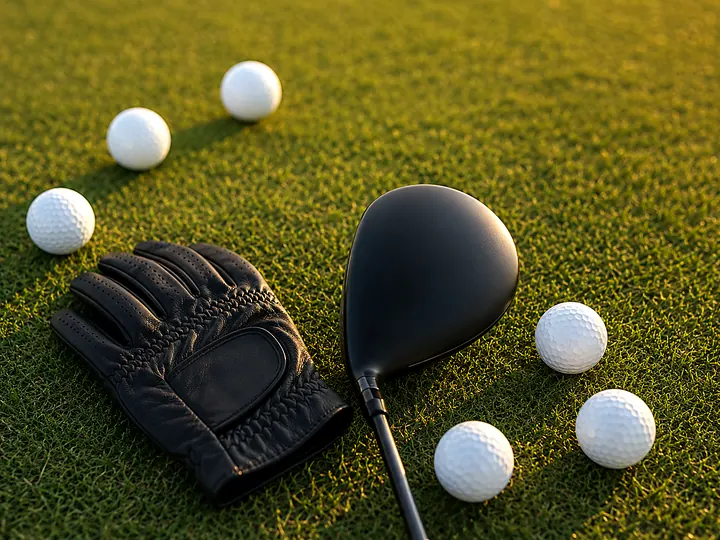A golf glove and driver head resting on cut grass with golf balls scattered around them.